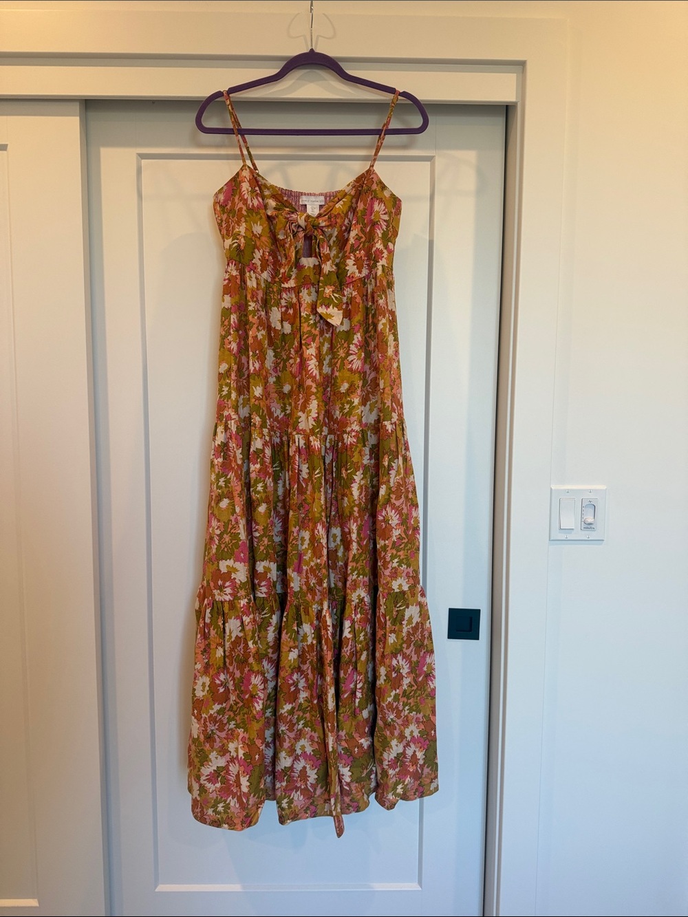 House of Harlow 1960 Olive Floral Tie-Front Maxi Dress with Pink Accents
